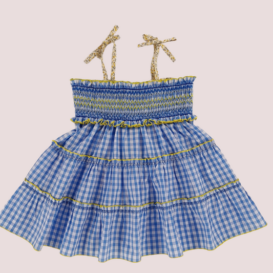 STYLE ELSA Blue Gingham Design Hand Smocked Toddler Girl Dress