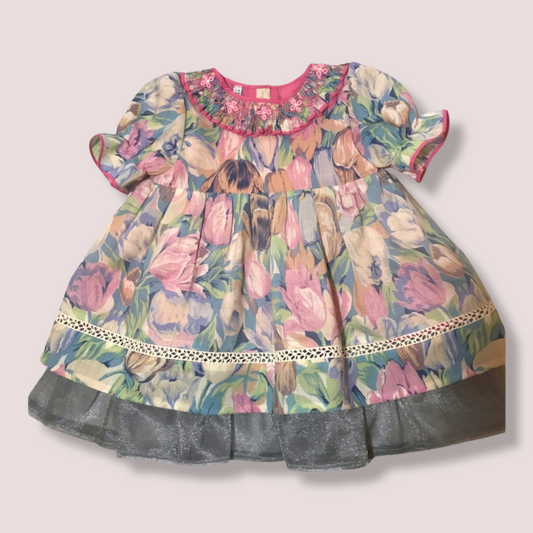 STYLE AVA Green and Pink Flower Printed Hand Smocked Baby Girl Dress