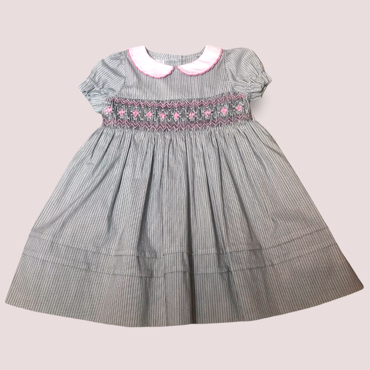 STYLE SELIN Grey Striped, Hand Smocked, Cotton Poplin, Baby Girl Dress