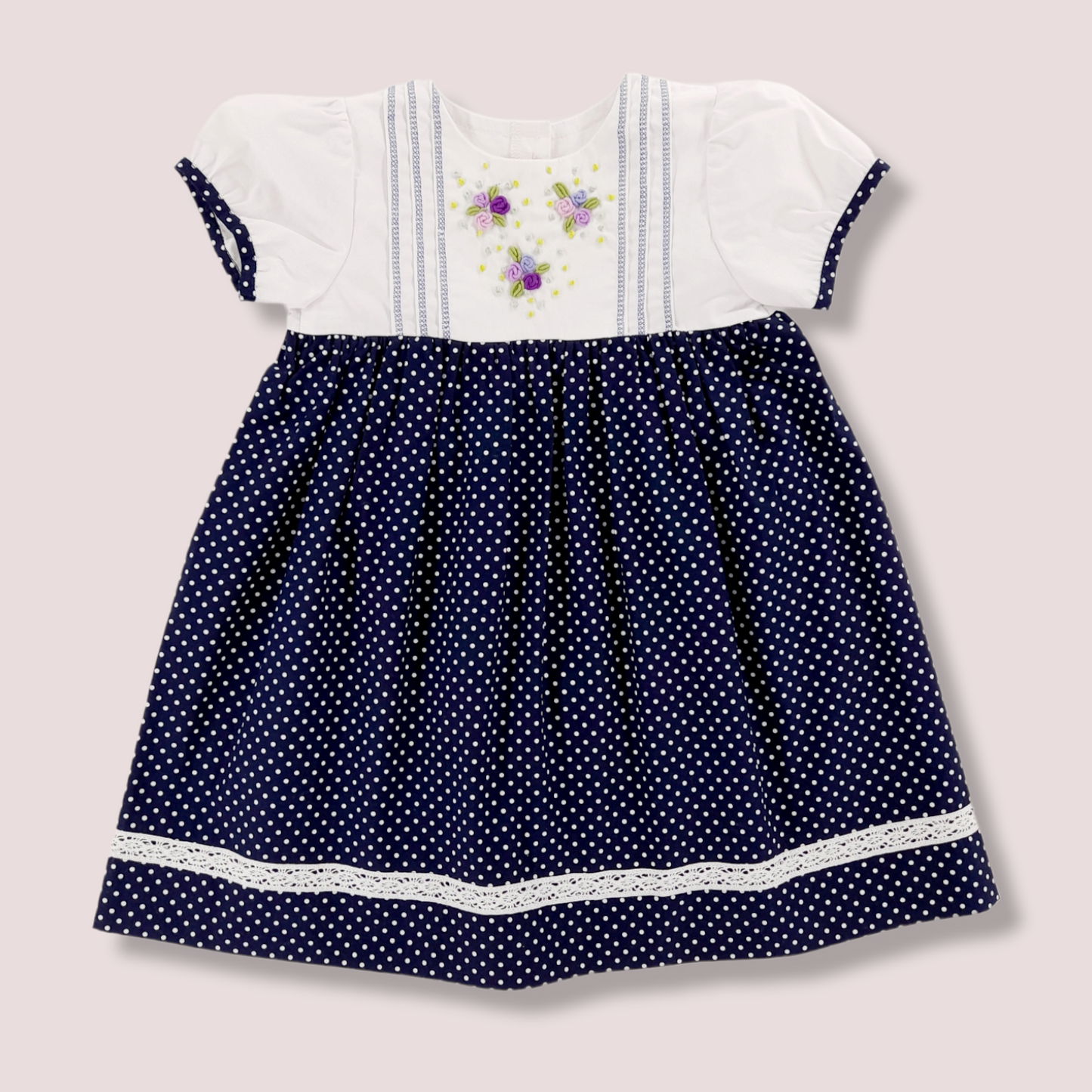 STYLE JULIA Navy and White Polka Dot Hand Embroidered Toddler Girl Dress