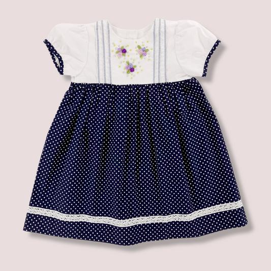 STYLE JULIA Navy and White Polka Dot Hand Embroidered Toddler Girl Dress