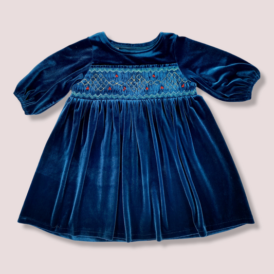 STYLE DORA Turquoise Velour Hand Smocked Toddler Girl Dress