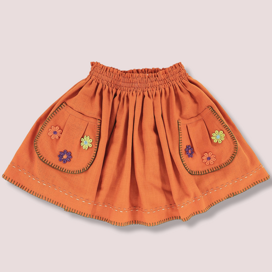 Style LANA Orange Hand Embroidered Linen Toddler Girls Skirt