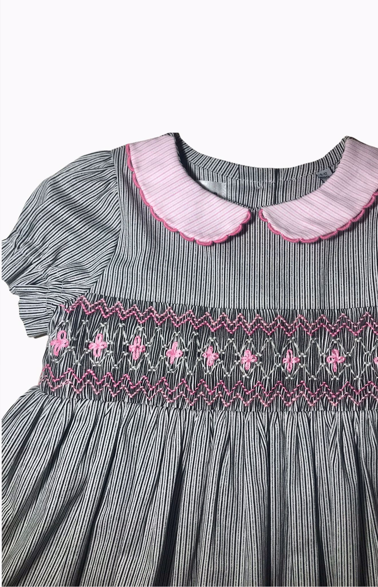 STYLE SELIN Grey Striped, Hand Smocked, Cotton Poplin, Baby Girl Dress